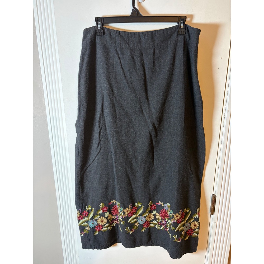 Ivy Charcoal Gray Floral Embroidered Cotton Blend Midi Skirt Size 14 F00 640725